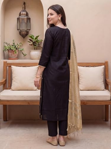 Image of INDO ERA Women's Cotton Blend Solid Straight Kurta Palazzo With Dupatta Set