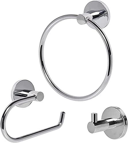 Toilet Roll Holder Set, 3 Pieces Wall Mounted Bathroom Accessory include Chrome Toilet Paper Holder + Stainless Steel Towel Ring + Coat Hooks, Modern Bathroom Hardware Mirror Polished, Silver