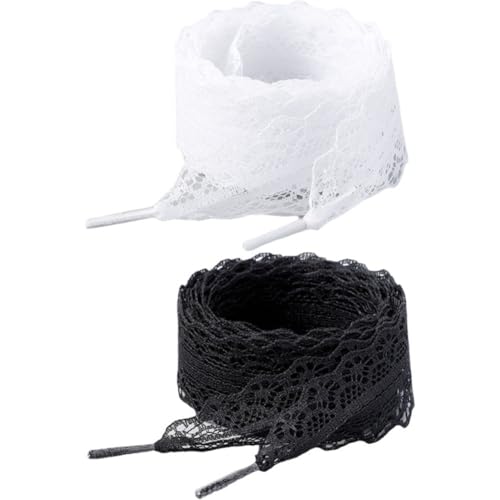 Muteitt 2 Paires De Lacets Plats Fantaisie en Dentelle pour Baskets, Lacets De Chaussures en Dentelle pour Femmes Filles, Chaussures en Dentelle Noire Blanche