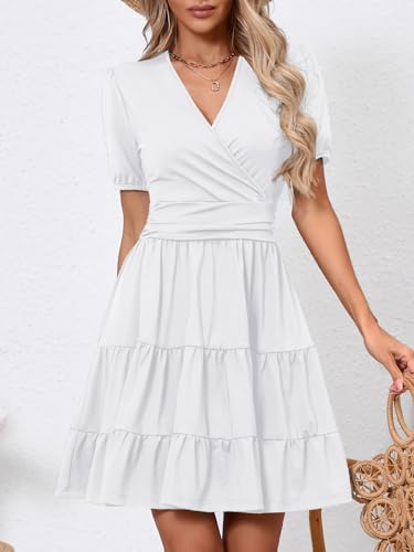 Image of Women's Casual Summer Dress V Neck Short Sleeve Flowy Stretchy Comfort Fit for Daily Wear Work Midi Dresses