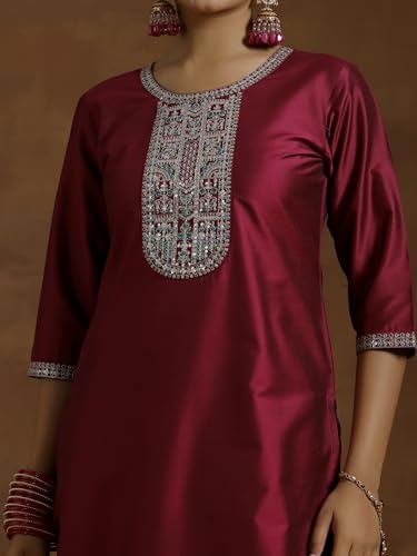 Image of Libas Gerua Womens Yoke Design Silk Blend Straight Kurta With Trousers and Dupatta | daily wear suit