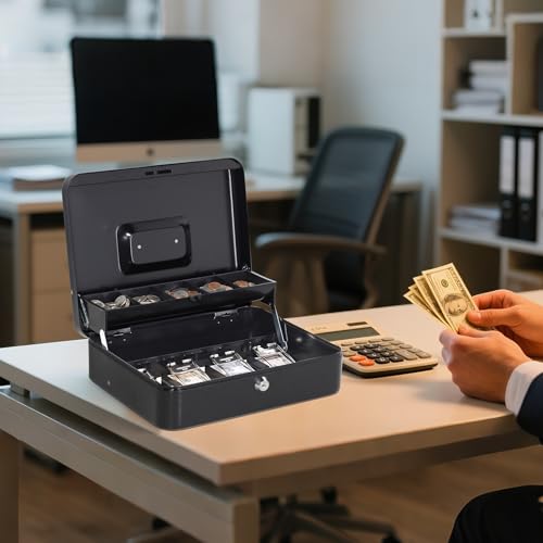 image for Jssmst Large Cash Box with Money Tray and Lock - Locking Safe Money Bo