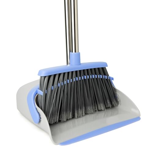 Image of Broom and Dustpan Combo Set, Long Handle and Standing Dust Pan with Comb Teeth, Efficient Floor Cleaning for Kitchen, Outdoor, Dorm, Apartment, Office Lobby (Gray Blue)