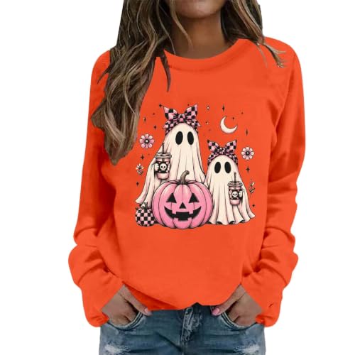 BmDSGC Halloween Jumpers for Women Cute Ghost Bow Coffee Cup Print Crewneck Embroidered Tops Oversized Spooky Season Sweatshirt Novelty Horror