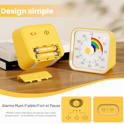 InfPokid Minuteur Visuel Timer Enfant avec Fonction Pause, Compte à Rebours de 60 Minutes Minuteur Enfant pour Salle de Classe, études, Silencieux Gestion du Temps pour Le TDAH (Jaune Arc-en-Ciel) – vue 5
