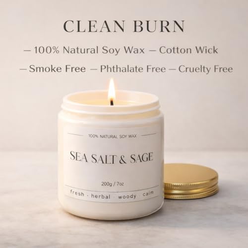 Sea Salt & Sage Candle - Summer Scented Soy Candles for Home - Coastal Decor for Beach Lovers, 7oz Soy Wax, 40 Hour Burn Time, Beach, Living Room, Bathroom - Image 4