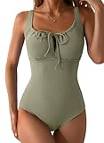 Dokotoo Damen Badeanzug Sexy Knoten vorne Push up Bademode Bauchweg Texturiert Einteilige Badebekleidung Swimsuit, grün, M