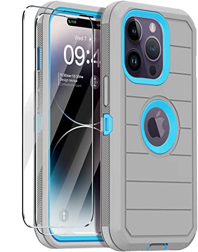 Annymall for iPhone 14 Pro Max Case with 2 Screen Protector,Full Body Shockproof Drop Protection Dust Proof Heavy Duty 3-Layer Military Rugged Durable Cover for Apple iPhone 14 Pro Max 6.7"(Gray/Blue)