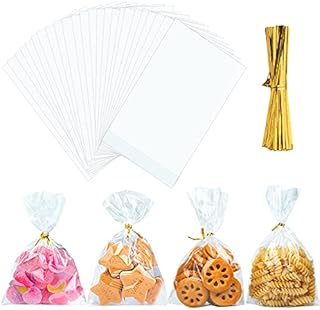 100Pcs Clear Cellophane Gift Bags, 13 * 21 cm (5 * 8.3 in) Plastic Sweets Treat Bags with Gold Twist Ties, Reusable OPP Plastic Candy Bags for Cookies Fruits Nuts Chocolates Popcorn Snacks