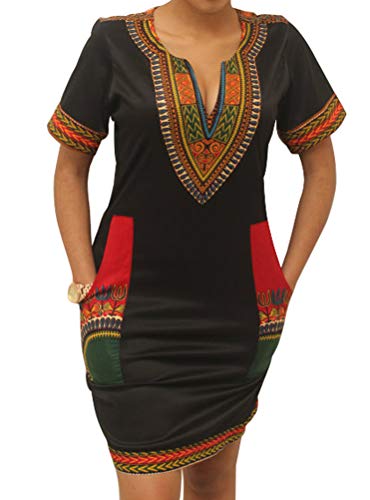 Shekiss Womens Bohemian African Dashiki Skirts Traditional Tribal Festival Midi Dresses Black/Red #TOP4