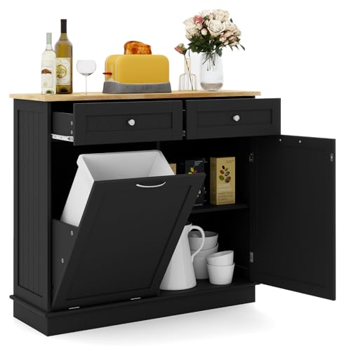 LOKO Kitchen Tilt Out Trash Cabinet, Pet Proof Trash Can Cabinet with 2 Drawers & Adjustable Shelf & Rubber Wood Tabletop, 39.5 x 14 x 35.5 inches (Black)