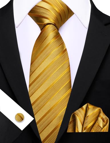 Image of Barry.Wang Tie Sets for Men Silk Stripe Necktie Woven Checkered Handkerchief Cufflinks Formal Business Wedding