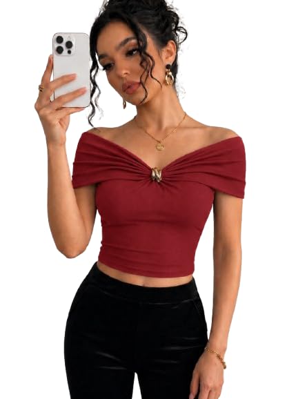 Image of TIVANTE Off-Shoulder Top for Women Stylish, Ruched V Neck Tops for Woman with Gold-Tone Metal Buckle Detail || Fitted Tops for Woman