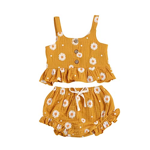 Loalirando Bebé Niña Conjunto Verano de Dos Piezas Traje de Ropa Floral para Niña Pequeña Juego Camiseta sin Manga Chaleco de Volantes + Pantalones Cortos Braguitas para Chica (Amarillo, 3-4 años)
