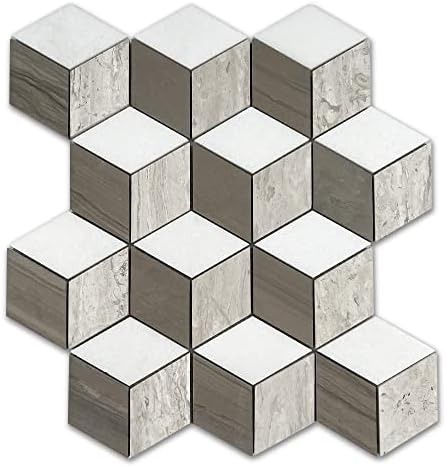 Stone Center Online Athens Silver Cream Marble 2x3 Illusion 3D Cube Rhombus Diamond Hexagon Mosaic Tile Thassos White Athens Gray Honed Kitchen Bath Wall Floor Backsplash Shower (1 Sheet)