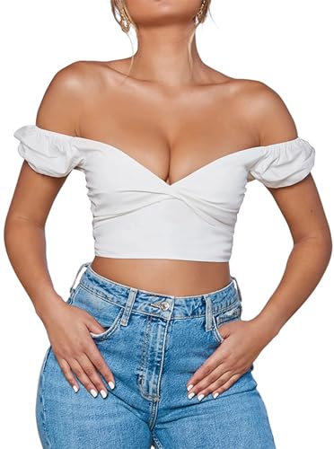 Avanova Women Off Shoulder Short Sleeve Crop Top Twist Front V Neck Blouse Sexy Shirt White Medium