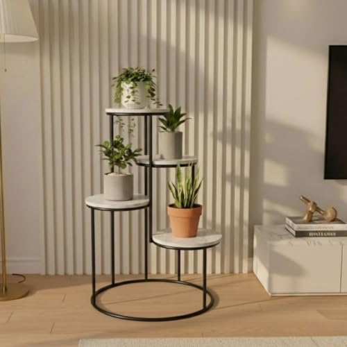 Image of Modern 4-Tier Plant Stand Indoor Metal & Wood | 60 cm Tall Multi-Level Flower Pot Stand | Heavy Duty Corner Plant Rack for Living Room, Balcony, Garden | Decorative Plant Holder for Indoor Use (White Black)