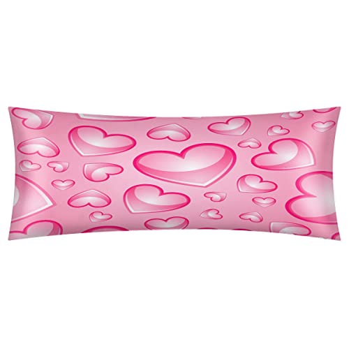 Hot Pink Heart Satin Body Pillow Pillowcase For Hair And Skin Love Theme Long Body Pillow Case Cover 21X54 Soft Breathable Body Pillow Cases #TOP14