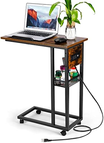 ORGXpert C Shaped End Table with USB Ports and Outlets, Narrow Side Table with Ergonomic Height Adjustable Laptop Stand,Side Table with Charging Stati
