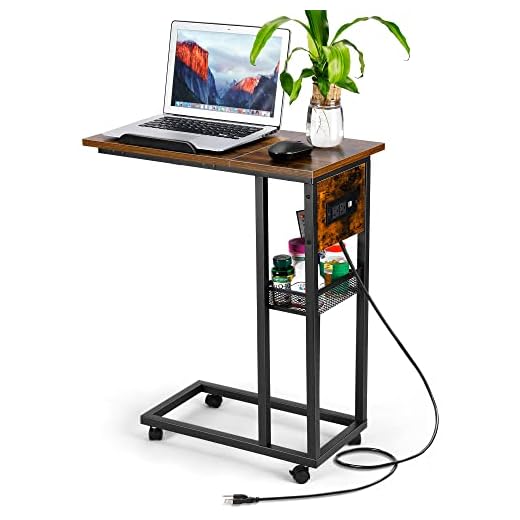ORGXpert C Shaped End Table with USB Ports and Outlets, Narrow Side Table with Ergonomic Height Adjustable Laptop Stand,Side Table with Charging Stati