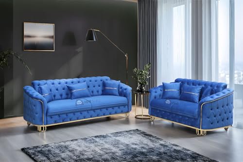 Luxury Turkish Chesterfield Plush Velvet Fabric 3+2 Seater Sofa - Convert the Back Seats for Extra Space (Blue)