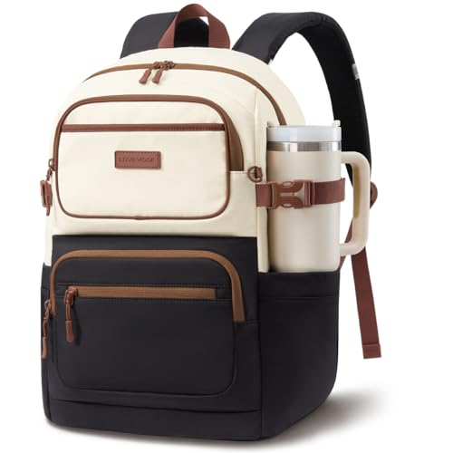 LOVEVOOK School Backpack for Teen Girls & College Students, Large Capacity Laptop Backpack with Water Bottle Holder, Lightweight Bookbag for School, Travel & Everyday Use, Black-White-Brown