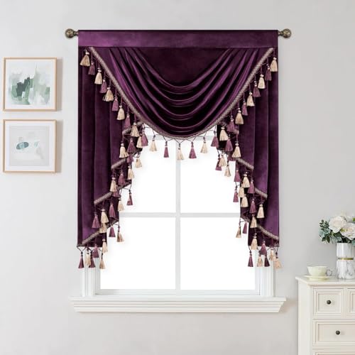 VOGOL Retro Dark Purple Velvet Valances, Vintage Style Light-Filtering Waterfall Valance for Small Windows, Rod Pocket Swag Curtains for Living Room, 39 Inches Wide, 1 Panel