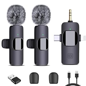 4-in-1 Wireless Lavalier Microphone, Dual Wireless Microphone for iPhone/Android/Camera/PC, 82FT Noise Reduction Mini Mic, Lapel Micro Wireless for Video Recording, YouTube, TikTok