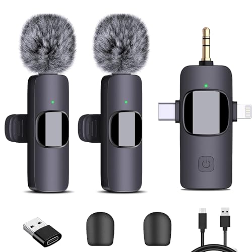 4-in-1 Wireless Lavalier Microphone, Dual Wireless Microphone for iPhone/Android/Camera/PC, 82FT Noise Reduction Mini Mic, Lapel Micro Wireless for Video Recording, YouTube, TikTok