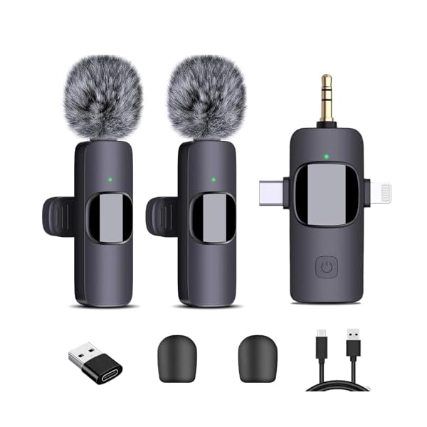 4-in-1 Wireless Lavalier Microphone, Dual Wireless Microphone for iPhone/Android/Camera/PC, 82FT Noise Reduction Mini Mic, Lapel Micro Wireless for Video Recording, YouTube, TikTok