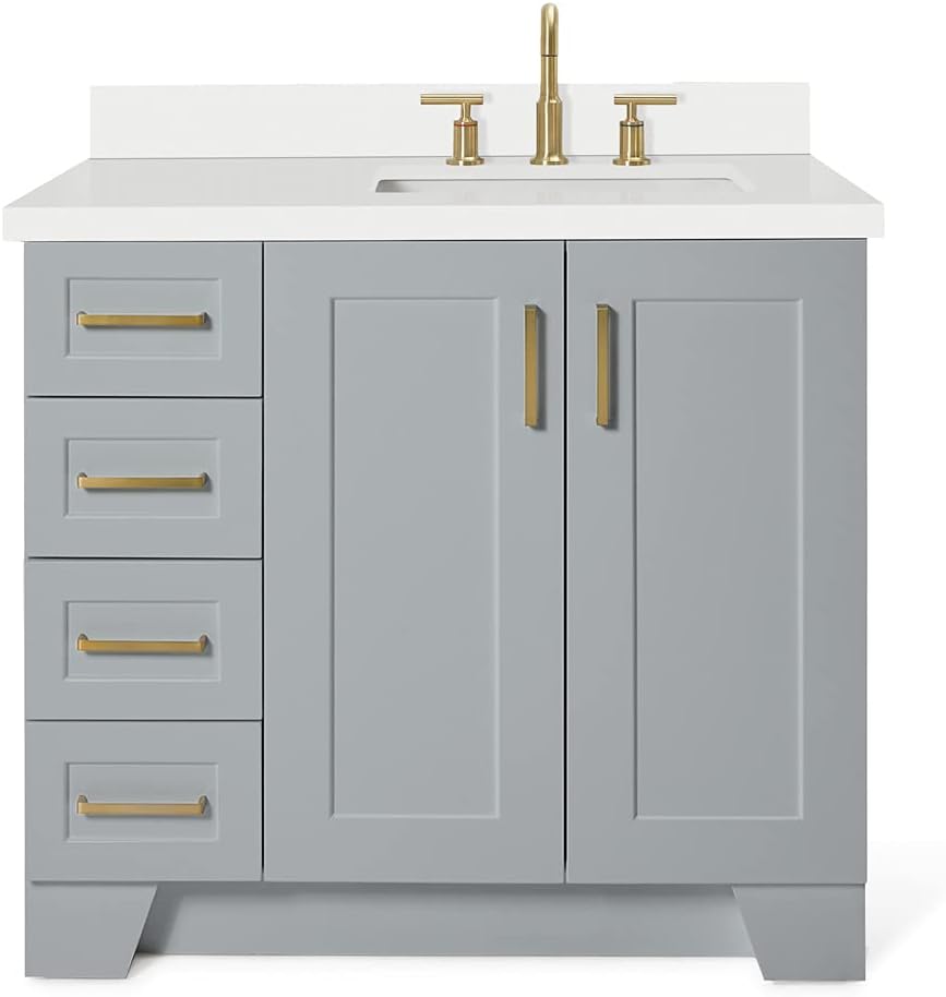 ARIEL Taylor 36-inch Bathroom Vanity with Sink,Solid Wood, 1.5-inch Pure White Quartz Countertop & Backsplash, Single Rectangular Porcelain Sink, 2 Soft Closing Doors, 5 Dovetail Drawers, Grey