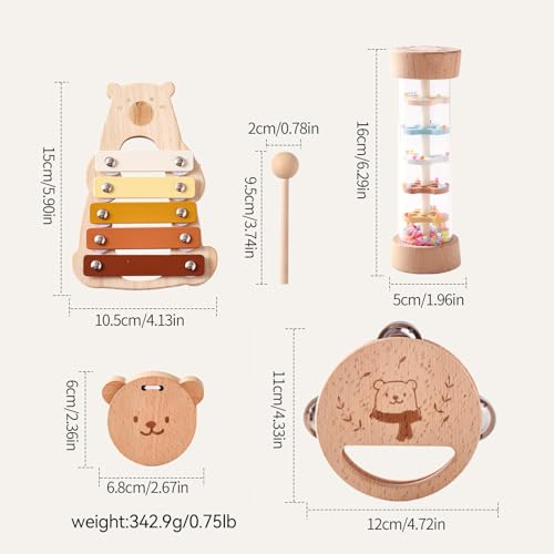 IEATFO Baby Musical Instruments - Your Child\'s First Musical Toys with Castanet Rainmaker Tambourine Xylophone - Baby Friendly Design Wooden Instruments Set Grow with Your Boys and Girls