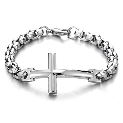 Coolsteelandbeyond Mens Womens Stainless Steel Horizontal Sideway Lateral Cross Link Chain Bangle Bracelet, Polished #TOP27