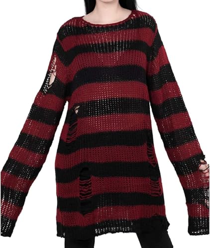 LLECDASEUI Womens Gothic Striped Hole Ripped Long Sweater, Y2K Grunge Hollow Out Knit Jumper, Oversized Distressed Pullover Tops (One Size,Black&Red)