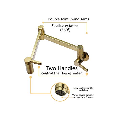 Katais Pot Filler Faucet Wall Mount Kitchen Sink Folding Faucet Double Joint Swing Arm Extended Spout Two Shut Off Handle Brass Brushed Gold Finish #TOP1