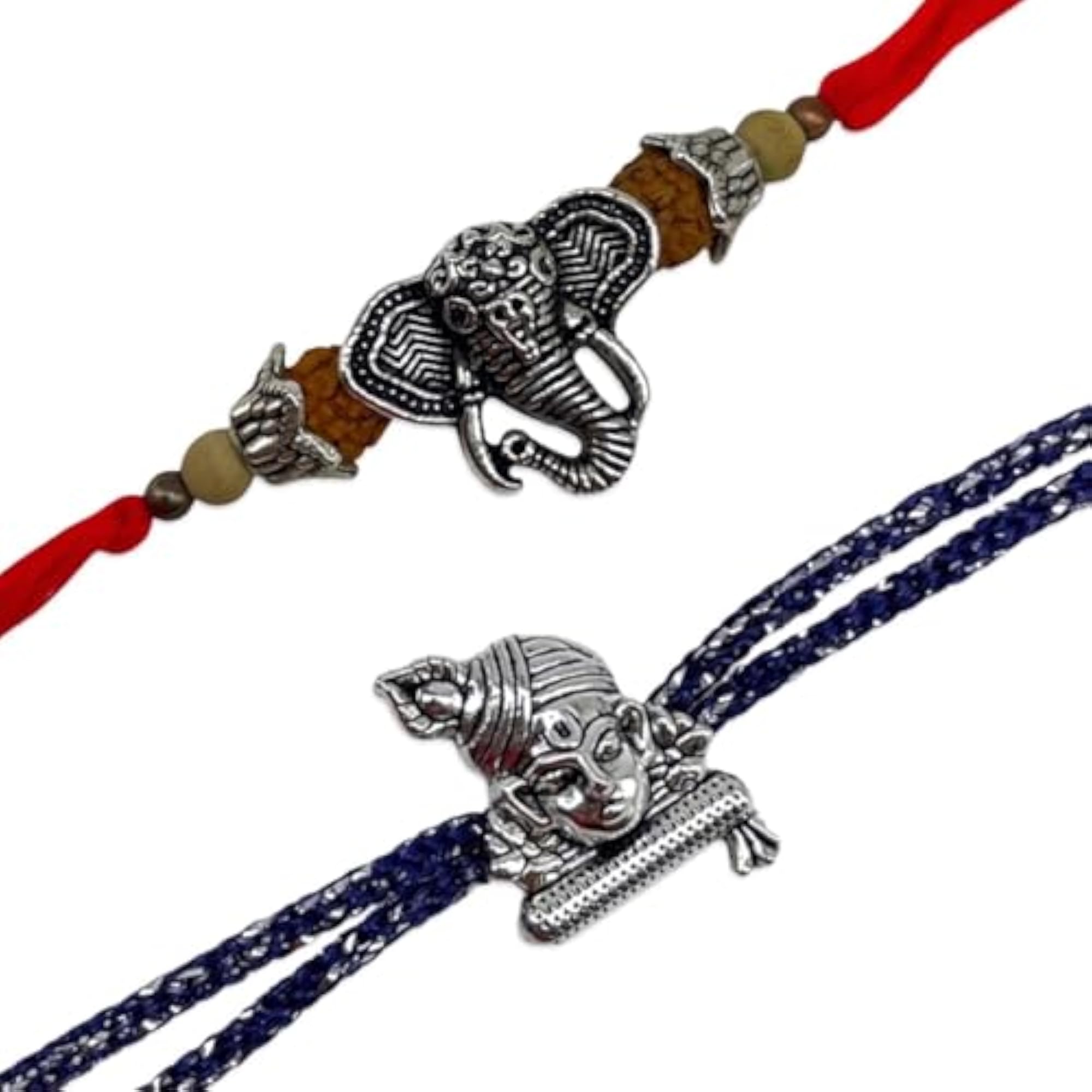 Set of 2 Silver Plated Lord Ganesha & Krishna Pendant Thread Rakhi Lumba