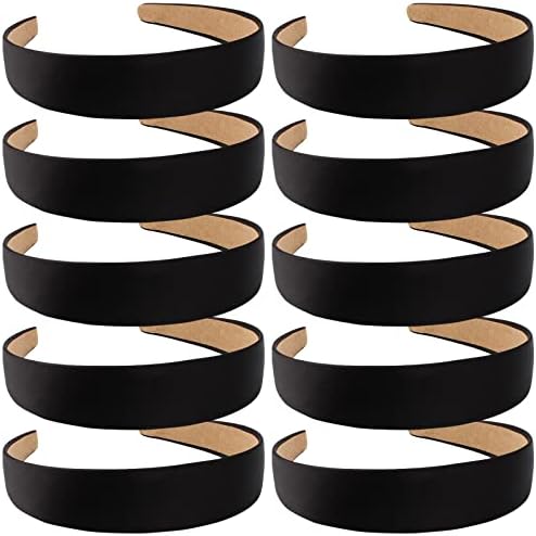 Wecoe 10 Pack Black Satin Wide 1.3 Inch Non-Slip Fashion Halloween DIY Plain Solid Hair Bands for Women and Girls