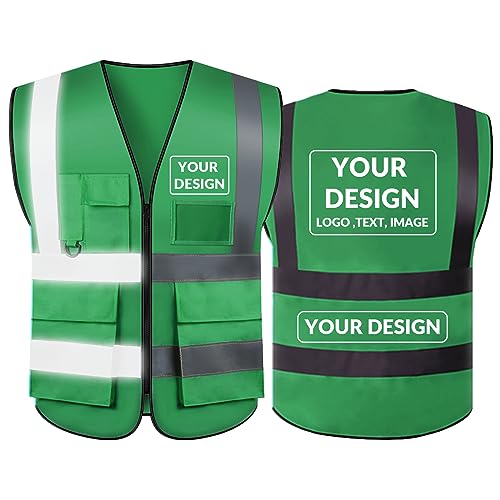 BeautyWill Customized Logo Safety Vest, Personalized High Visibility Reflective Vest Class 2 Construction Vest with 5 Pockets and Zipper (Green, M)