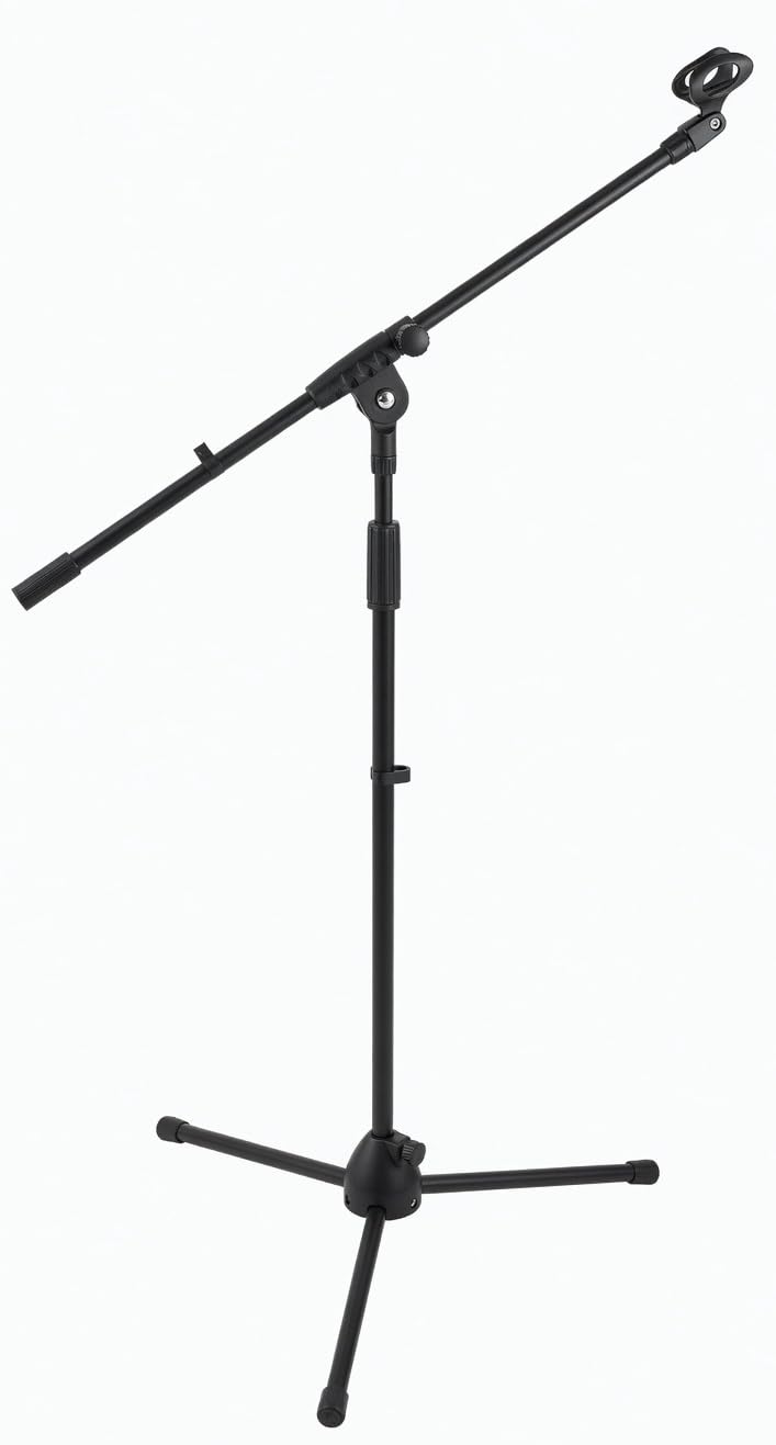 ROCKSTAR - Soporte de Micrófono de Suelo MS80B con Brazo Jirafa 75 cm, Altura Ajustable 85-165 cm, Pie Trípode Estable Base Nylon Antideslizante, Compatible para Estudio, Directo y Podcast