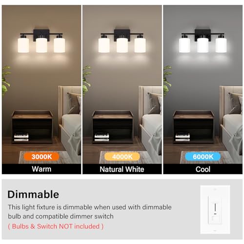 FonmYim Black Bathroom Light Fixtures, 3-Light Modern Vanity Light Over Mirror, Wall Sconces with Milky White Frosted Glass Shades, E26 Socket (Bulbs Not Included) by FonmYim - Used condition - Image 6