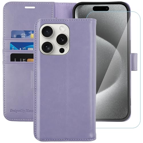 MONASAY Wallet Case for iPhone 15 Pro with 3 Card Holders - Lavenders