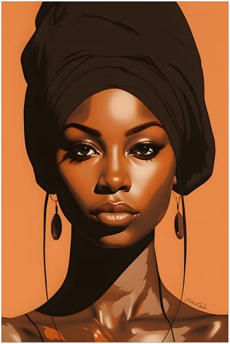 Affiche portrait femme africaine brun et orange - Poster ethnique 60x90 cm pour déco bohème