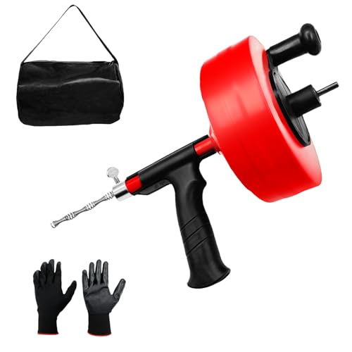 Drain Auger, 25 FT Plumbing Snake Clog Remover, Drain Snake with Drill Attachment, Heavy Duty Steel Drum Sink Snake Drain, Manual or Powered Use for Kitchen, Sink and Shower, w/Gloves and Storage Bag