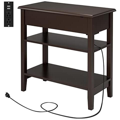 HORSTORS End Table with Charging Station, 3 Tier Narrow Nightstand with Storage Shelf, Slim Side Table with USB Ports & Power Outlets for Living Room, Bedroom, Office, Dark Brown Cover
