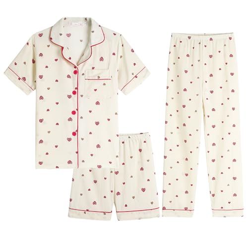 Image of Hupohoi Big Girls Button Down Pajama Set 3pcs Short Sleeve Long Pants with Shorts Crepe Wrinkled Fabric Sleepwear Nighty