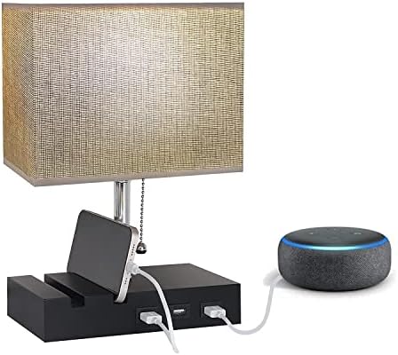 DAMORON Table Lamp, Bedside Lamp with 3 USB Charging Ports, Eye-Caring Dimmable LED Desk Lamp, 3 Levels of Brightness, Wooden Base with 2 Phone Stand, Rechargeable Nightstand Light for Bedroom, Black