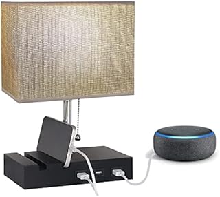 DAMORON Table Lamp, Bedside Lamp with 3 USB Charging Ports, Eye-Caring Dimmable LED Desk Lamp, 3 Levels of Brightness, Wooden Base with 2 Phone Stand, Rechargeable Nightstand Light for Bedroom, Black
