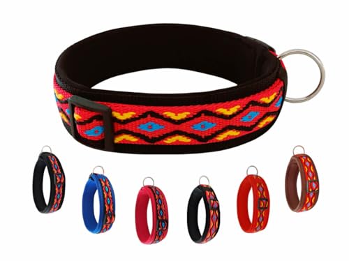 BUDDYPACK-Halsband Extra-Breit & Weich mit Neopren-Polster für Kleine und Große Hunde (Rot-Bunt auf Schwarz, Größe M)