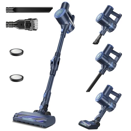 PRETTYCARELIFE Cordless Vacuum Cleaner, Lightweight Stick Vacuum Cleaner, 6 in 1, Self-Standing with Powerful Suction, 180° Bendable Wand Rechargeable Cordless Vacuum for Hardwood Floor (Blue)