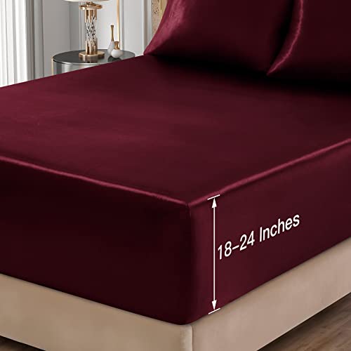 Vacvelt 4Pcs Extra Deep Pocket Satin Sheets King Size Bed Set, Burgundy Satin Sheet Set Fit 18-24 Inch Deep Pocket Mattress, Silky & Luxury Satin Bedding Set Soft & Ultra Deep Fitted Sheet Set #TOP5